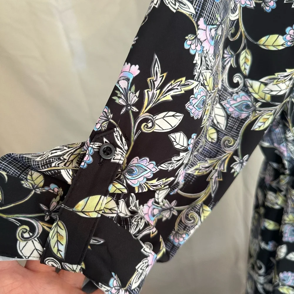 Torrid Black Floral Midi Dress fit & flare wrap size 1X white chartreuse v-neck - Picture 8 of 16